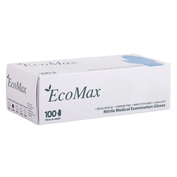 Rukavice nitrilové prodloužené EcoMax, 100 ks, modré, vel. S, nepudrované