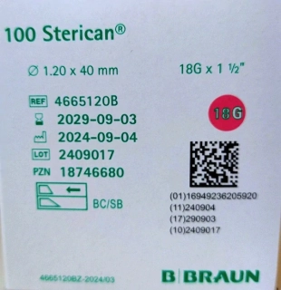 Injekční jehla Sterican 18G, 1,2 x 40 mm růžová, 100 ks